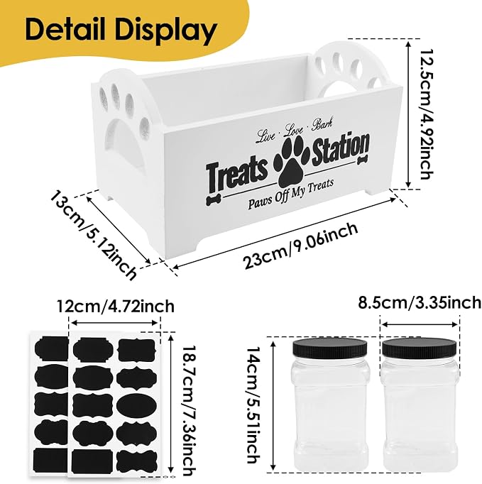 UKQRRTC Wood Dog Treat Container with Jars and Stickers Anti Deformation Space Saving Dog Treat Organizer Dog Treat Station for Countertop (White)