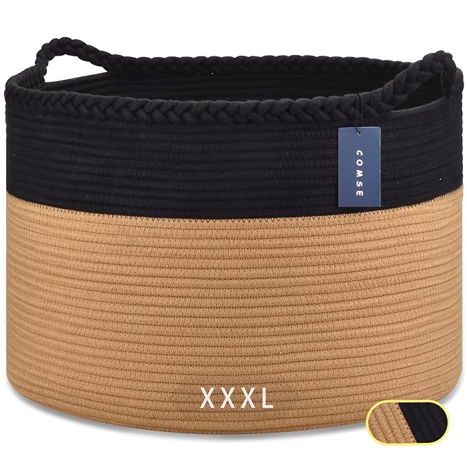 COMSE XXXLarge Woven Blanket & Laundry Basket, 87L, Black & Camel | 21.7" x 13.8", Cotton Rope, Nursery Hamper for Storage of Toys Clothes Towels, Ideal for Living Room Bedroom Bathroom