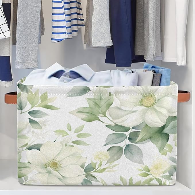 Storage Baskets for Shelves, White Flower Green Leaves Fabric Storage Cubes Closet Organizers and Storage Bins with Handles Home Organization, 15x11x9.5 inch