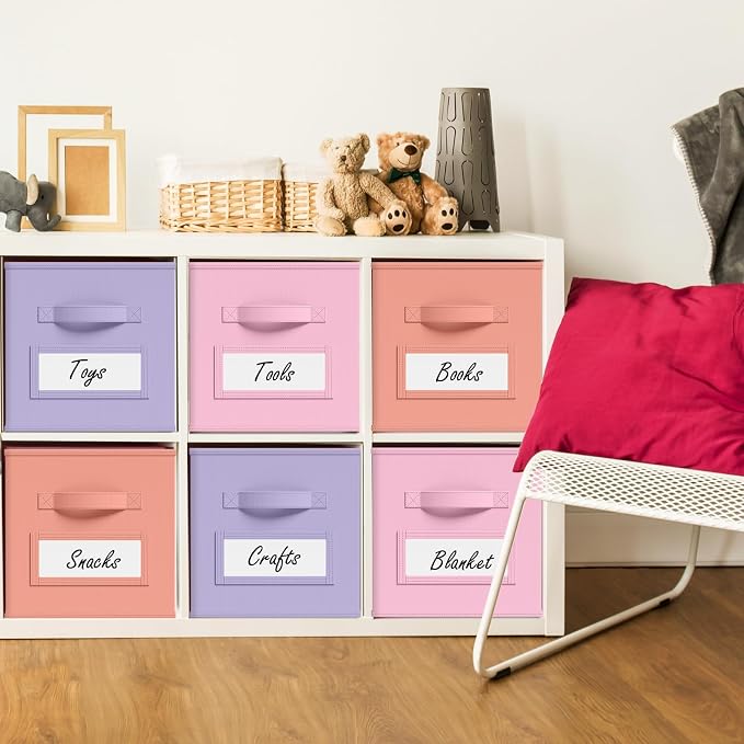 Teenyyou 10 Pack Fabric Storage Cubes 11 Inch Collapsible Cube Bins with Label Window & Handle Foldable Organizers Baskets for Shelf Closet Nursery Kids Room Clothes Book Toy(Gentle Pink Purple)