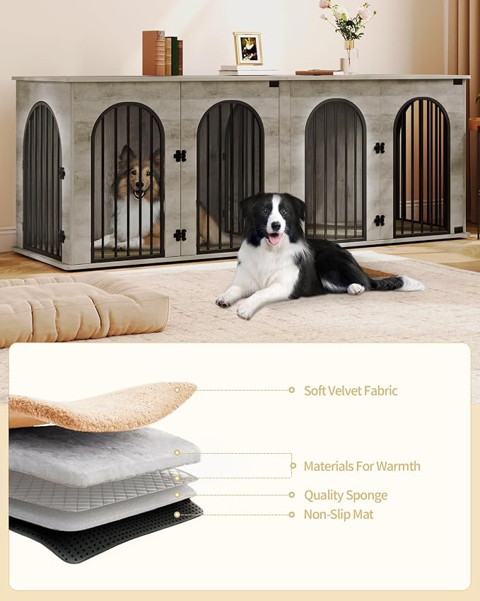 Hzuaneri 86.6" Double Dog Crate Furniture, Dog Kennel Indoor with Cushion | Heavy Duty Dog Crate Furniture for 2 Dogs,Dog Cage End Table TV Stand with Divider for Med-Large Dog,Greige Black DFC84005BV1