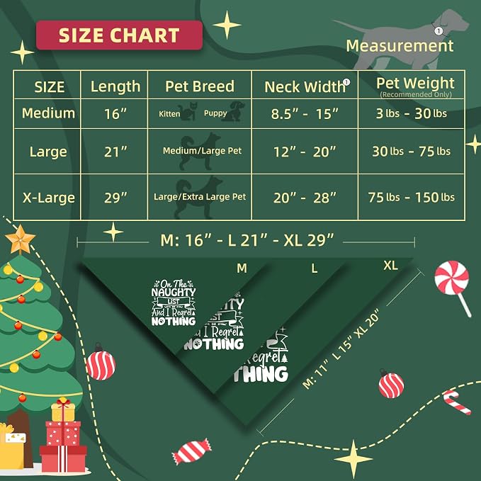 Christmas Dog Bandanas Naughty & Nice Idea Funny Holiday Stocking Pet Scarf Gifts - On the Naughty List and I Regret Nothing, Solid Green, Medium & Large Breed, 25-75lbs