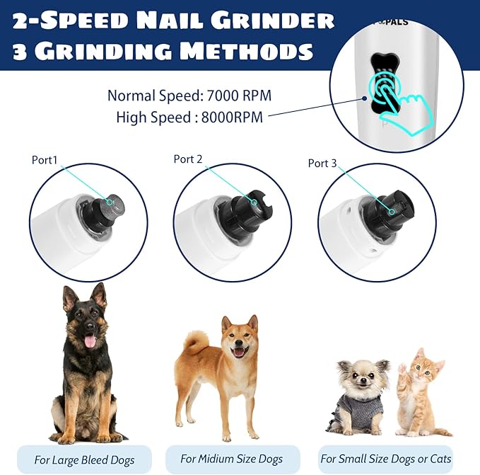 Upgrade Dog Nail Grinder with 5 LED Shadow Free Light, Dog Nail Trimmer Protect Pet Paws from Over Grinding with 2 Speed Super Power Motor, with one aditional Concave-Shaped Replacement Head