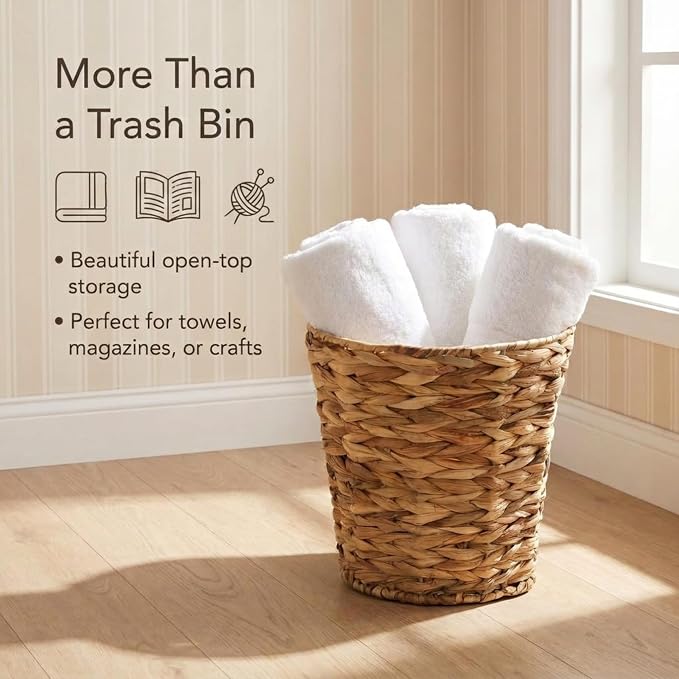 Household Essentials Wicker Waste Basket, Woven Leaf Basket with Wire Frame, Trash Bin or Storage Basket for Bedroom, Bathroom, Office and More