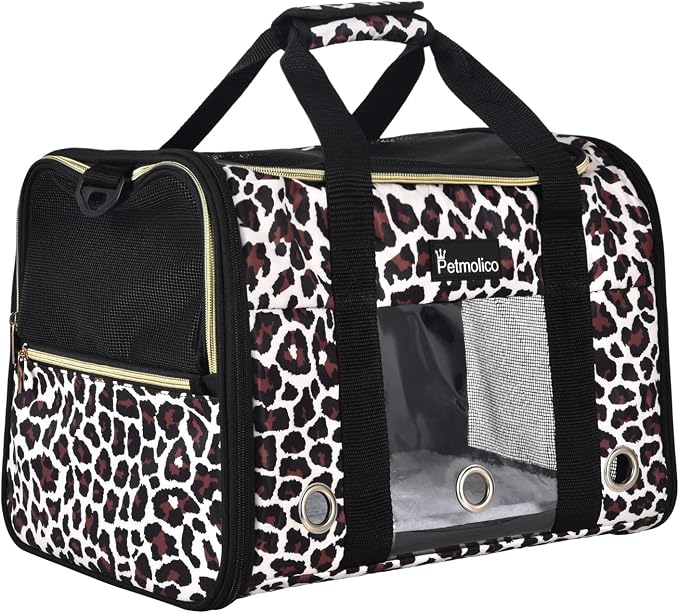Petmolico Cat Carrier Soft-Sided Airline Approved, Medium, Medium, Leopard | For small/medium cats & puppies up to 16 lbs, 3 open doors, travel-friendly pet bag