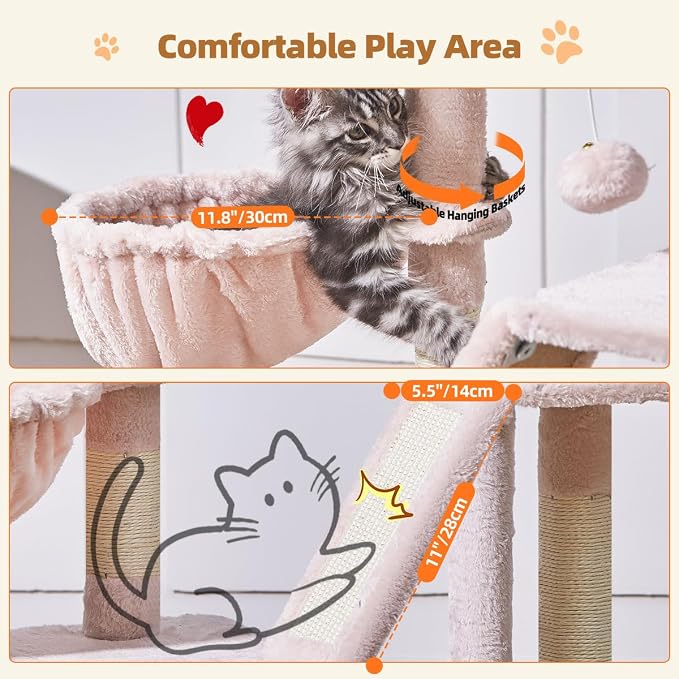 Taoqimiao Cat Tree, 38.5In Cat Tower for Indoor Cats, Suitable for Kittens | Thick Padded Top Perch, Luxurious Cat Condo, Adjustable Basket, 1-Piece Ramp Scratcher, 3 Natural Sisal Posts, Pink, MS029SP