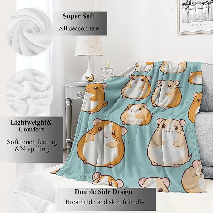 Cartoon Hamster Blanket,40x50in,Cute Animal Aqua Blue Throw Blankets,Birthday Gifts for Kids Adult & Pet Lovers, Lightweight Soft Fleece,for Sofa Couch Bed Room Modern Decor