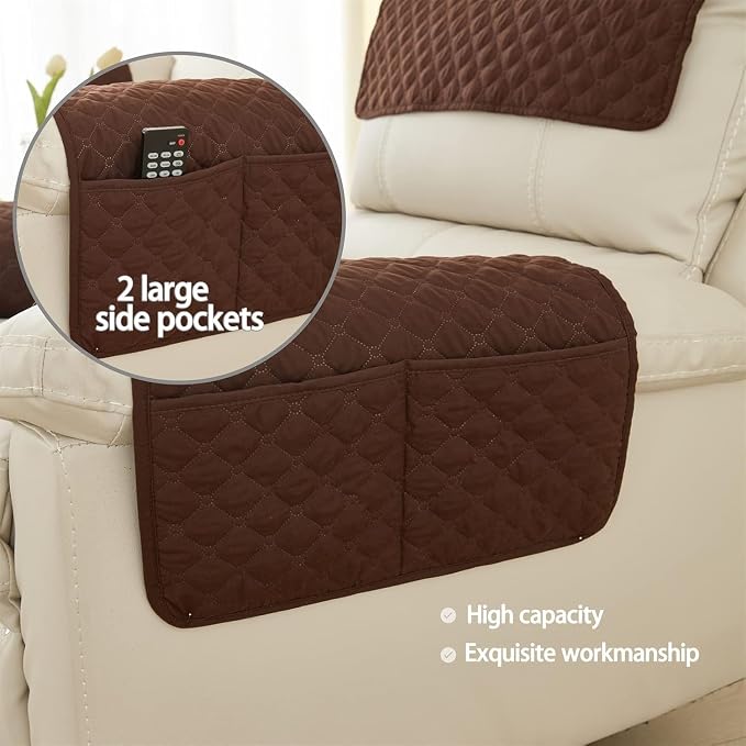 Armrest Covers Armchair Slipcover, Couch Arm Covers Recliner Covers with Storage Pockets Armrest Protector for Chair Sofa(Brown.,1 Seat | 3 Piece Set)