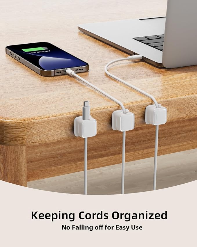12 Pack Cord Organizer, Magnetic Cable Clips, Under Desk Management, White | 0.27in Cable Compatible,Strong Adheive Wire Holder Keeper,Easy Open Phone Charger Holder for Home Car Desk Nightstand Office