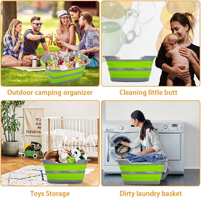 Goderewild Multipurpose Collapsible Pet Bathtub with Drainage Hole for Puppy Small Dogs Cats, Portable Laundry Basket-Foldable Bathing Tub-Storage Organizer, 7.1 Gal/27L (Green,1)