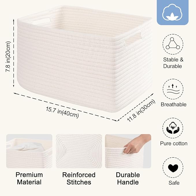 4 Pack Storage Baskets for Organizing, Woven Baskets for Shelves - Perfect for Toys, Books, Towels, and Clothes, Durable Gift Basket Bins Toy Storage, 15.7''Lx11.8''Wx7.8''H, White