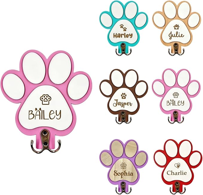 Custom Dog Leash Holder with Name, Personalized Wooden Key Rack and Pet Collar Hanger for Wall, Rustic Farmhouse Entryway Organizer, Dog Lover Gift(Pink)