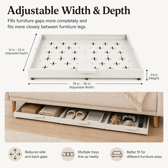 Fokyfok Under Bed Drawers,Under Bed Storage,Under Couch Drawer,1PC | 3 inch tall,Wheeled,Expandable,Slim,Shallow,19"-30" x 14"-22",Helps Keep Pet Toys from Rolling Under Furniture,Handle