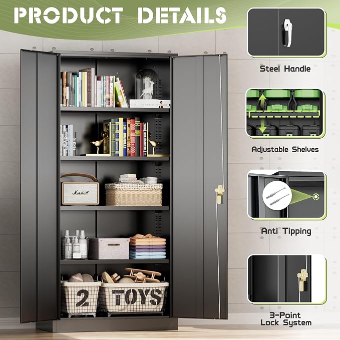 Crownland 72" Metal Storage Cabinet, Lockable Garage Storage Cabinets, High Office Cabinet with Adjustable Shelves for Home Office, Pantry,Classroom, Garage, File(Balck)