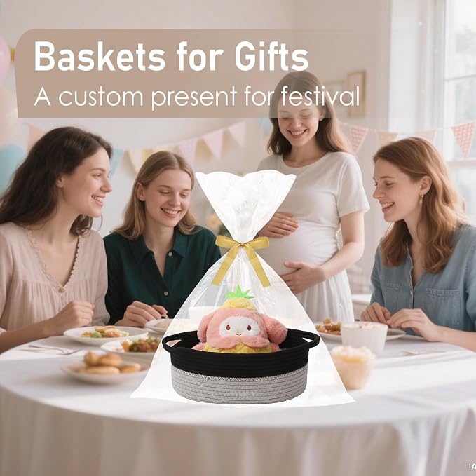 JMvicyroam Small Woven Basket, Empty Gift Basket, Black&Grey/1 Pack | Small Gift Basket, Cotton Rope, 12 x 8 x 78 in, Handles, Includes Ribbon and Bag, Birthday Gift Basket