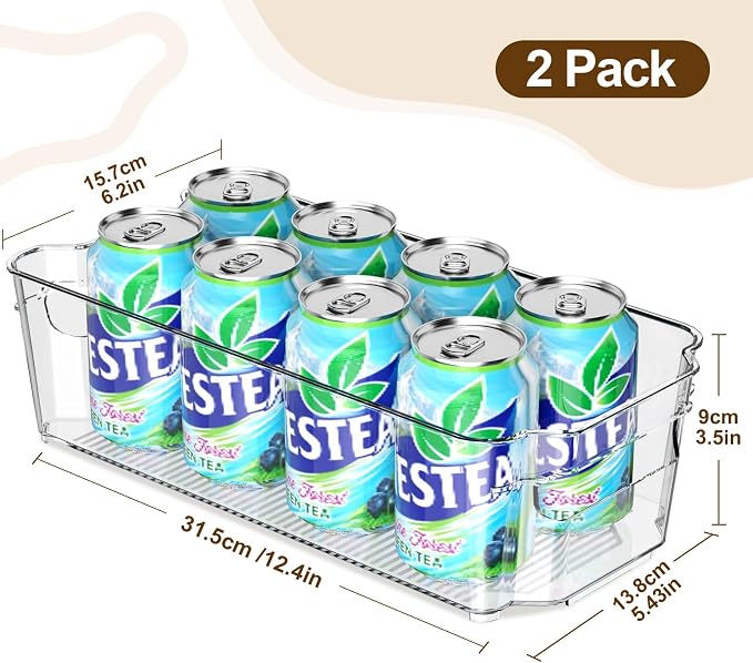 Clear Fridge Organizer, Refrigerator Organizer Bins with Handle, Freezer, Kitchen Cabinet, Pantry Organization, BPA Free Fridge Organizers (12.4 inch 2 Pack)