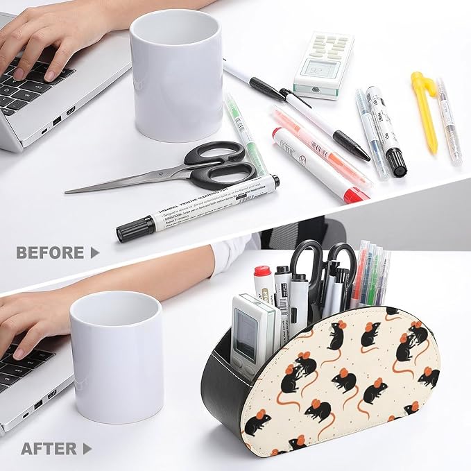 Remote Control Holder Cute Rat 5-Slot Office Storage Caddy Box | Makeup Brush Organizer, Pu Leather, Cute Rat Desktop Accessory for TV Remotes Media Player