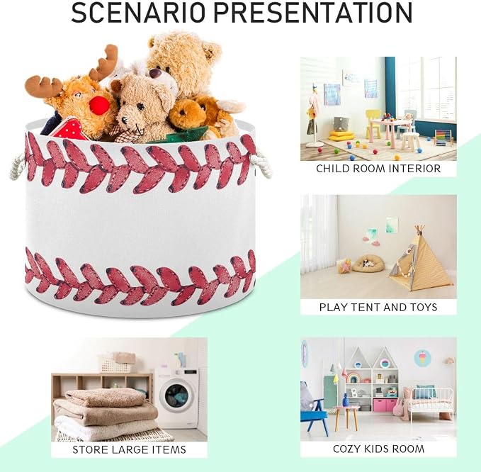 DOMIKING Large Storage Basket for Toys Baseball Line White Storage Bin Box Kids Laundry Hamper for Nursery Clothes Toys Books Home Decor