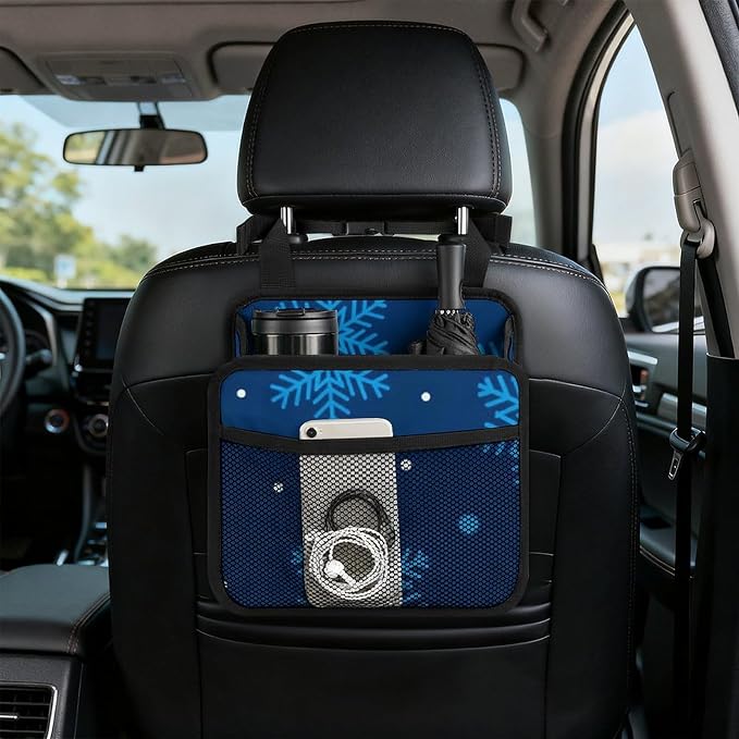 Car Back Seat Organizer Auto Headrest Backseat Storage Bag, Christmas | Snowflake Blue, Vehicle Trash Bag Can with Mesh Pocket, Waterproof Pu Leather Interior Accessories