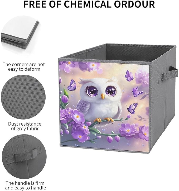 Owl Foldable Storage Bins, 10.6" Cube Storage Organizer, Sturdy Oxford Cloth Fabric Baskets for Closet, Shelf, Nursery, Bedroom, Decorative Printed Box for Toys & Clothes
