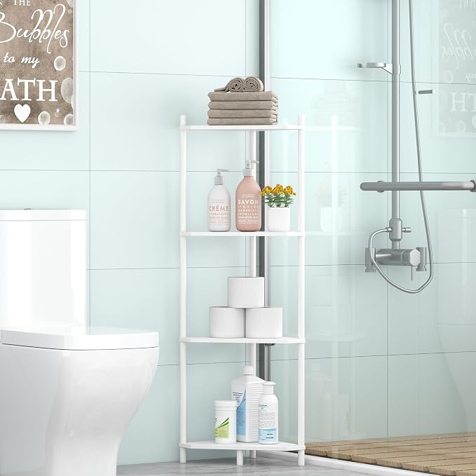 Wisuce White Small Corner Shelf Stand, 4-Tier Bamboo Corner Bookshelf | Space-Saving Narrow Corner Shelf | Bathroom Corner Shelf | Shelves for Bedroom, Living Room, Kitchen & Plant Display
