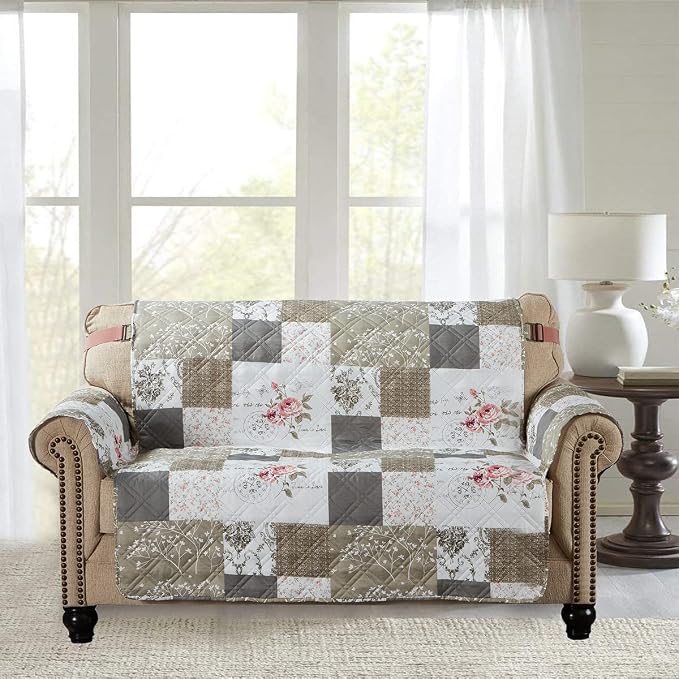 Brilliant Sunshine Pink Rose & Grey Toile Loveseat Cover, 54" seat | Quilted Sofa Cover, Living Room & Bedroom Furniture Protector, Large Washable Love Seat Slipcover for Pets, Dogs & Cats