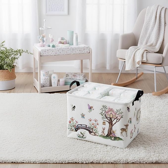 Kid Cute Rectangle Storage Basket Baby Toy Clothes Storage Bin Nursery Playroom Bedroom Decor Basket (Pink Tree House Flower Fairy)