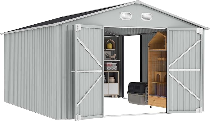 10x12 FT Metal Storage Shed, Large Storage Shed with Lockable Doors and Sloped Roof, Outdoor Tool Shed with Ample Ventilation for Garden, Lawn, Backyard, White