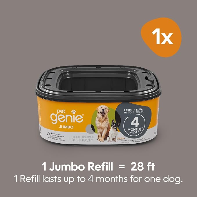 Pet Genie Refill Bags | Jumbo 1-Pack, 28 Total ft | Up to 4 Months of Supply in 1 Cartridge | Ultimate Odor Control Dog Poop Bags
