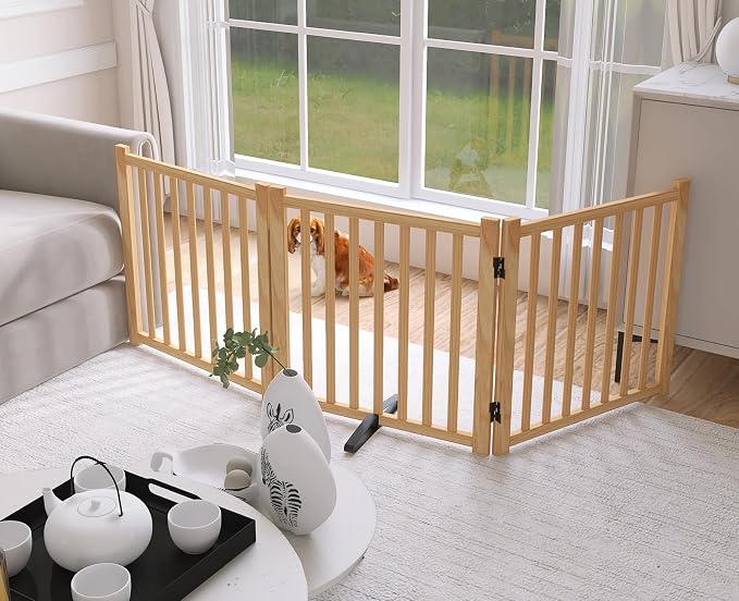 YOCAN Non-Painted Wooden Freestanding Dog Gates - 3 Panels L:69" H:23" | Pet Gate for The House,Doorways, Stairs,Wood Dog Fences Indoor Pet Gate,Step Over Fence