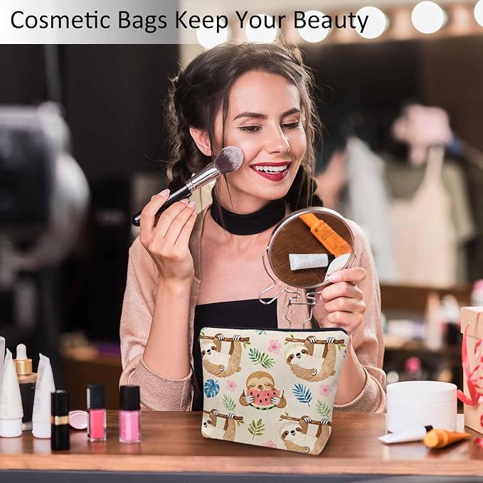 Sloth Makeup Bag For Women, Adorable Cosmetic Bag Makeup Bags, Cute Sloth Animal Sloths On Flower Tree Zipper Bag Travel Bags Toiletry Organizers Pouch Bags Washing Bags For Gym Bathroom