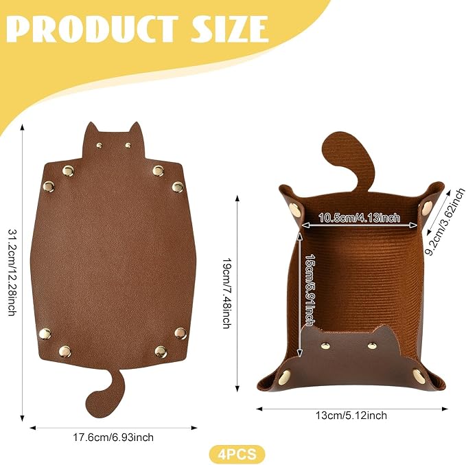 Craftdady 4 PCS Leather Valet Tray Foldable Sienna Cat-Shaped Catchall Tray