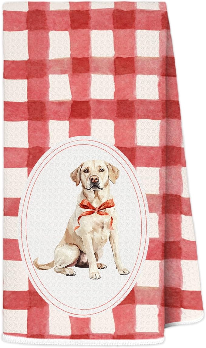 Red Plaid Labrador Retriever Kitchen Towels 16x24 Inch, Labrador Retriever Lovers Gifts Decorative Hand Towels for Bathroom, Red Checkered Dog Dish Tea Towel Drying Cloth