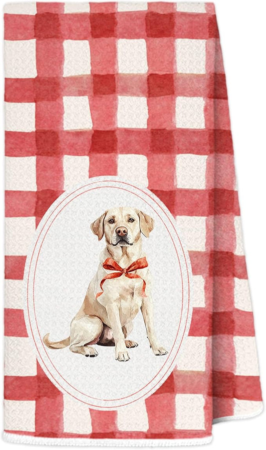 Red Plaid Labrador Retriever Kitchen Towels 16x24 Inch, Labrador Retriever Lovers Gifts Decorative Hand Towels for Bathroom, Red Checkered Dog Dish Tea Towel Drying Cloth