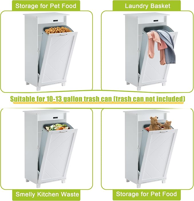 VECELO Tilt Out Kitchen Trash Bin Cabinet, Dog Proof Garbage Can with Wood Holder Free Standing Recycling, White