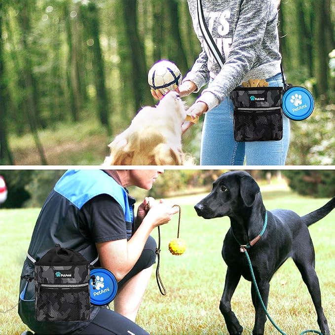 PetAmi Dog Treat Pouch, Pet Treat Pouch for Training, Dog Walking Bag Holder for Kibbles, Pet Food Toy, Dog Trainer Essentials Supplies, Poop Bag Dispenser, 3 Ways to Wear (Camo Black)