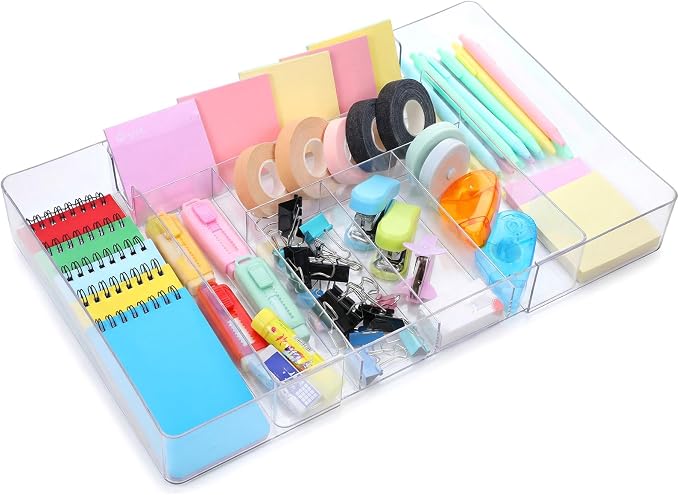 Expandable Drawer Organizer Tray with Adjustable Dividers, Clear PET Storage Box for Office Supplies, Makeup, Jewelry & Vanity, 10 Compartments, 1-Piece Set (10.6" x 15.7", Height 2.3")