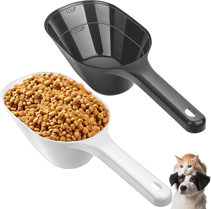 2 Pack Dog Food Scoop, 1 Cup Pet Food Scoop With Measuring Lines | Black and White, Clear Markings for Precise Measuring 1/2 and 1 Cup Lines,Dishwasher Safe,Plastic,Portable and Sturdy