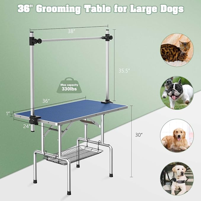36'' Stainless Steel Pet Dog Grooming Table, Arm/Noose/Tray, Blue | Foldable Dog Grooming Table for Dogs at Home, Adjustable Height Arm, Non-Slip Waterproof Tabletop, Capacity 330Lb