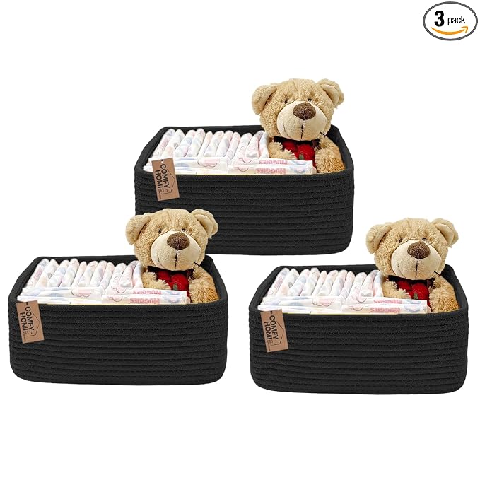 COMFY-HOMI 13" x 8.5" x 5.1" Storage Baskets for Organizing | Cotton Rope Woven Basket | Toy Storage Bin Box | Basket for Shelves, Closet Organizer Bin, Decorative Closet Shelf, 3 Pack