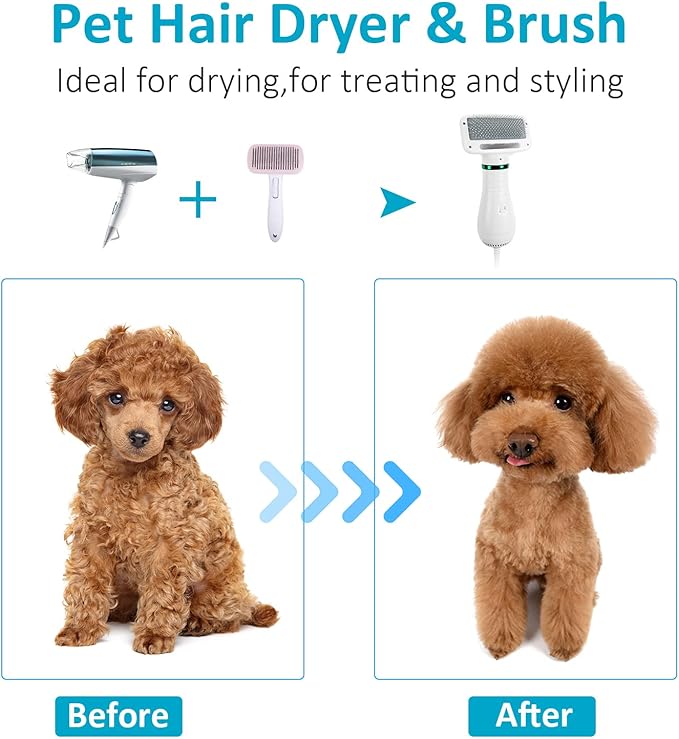 Dog Hair Dryer,2 in 1 Pet Hair Dryer with Slicker Brush,Dog Blow Dryer with 2 Adjustable Heat Setting Dogs Bath Brush for Grooming Small Medium Dogs Cats