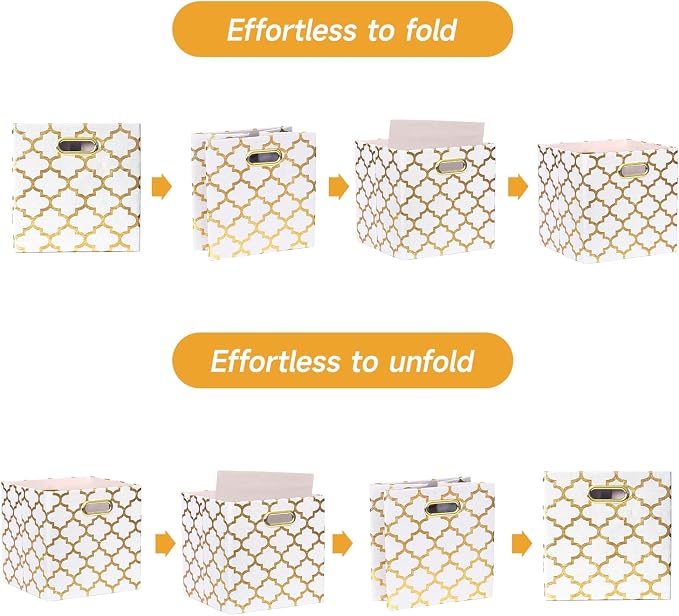 Posprica 11x11x11 Storage Cube Bins, Collapsible Storage Bins Fabric Storage Cubes Organizer Baskets Box Drawers for Shelves, Closet, Wardrobe, Bookshelf, Cabinet, Cream/Gold Lantern, 4 Pack