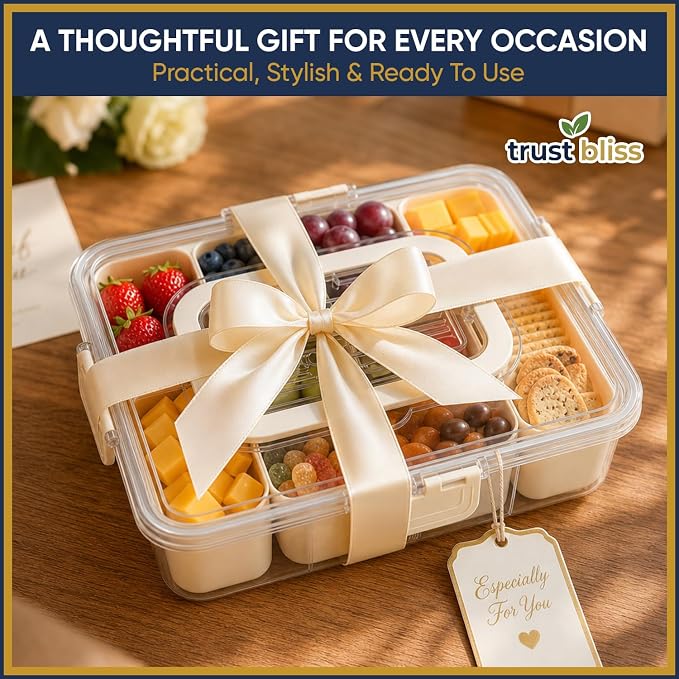 Snackle Box Container with Built-In Utensil Tray | BPA-Free 8 Compartment Divided Serving Tray, Snack Organizer & Snack Tackle Box for Adults and Kids | Portable snacklebox for Travel