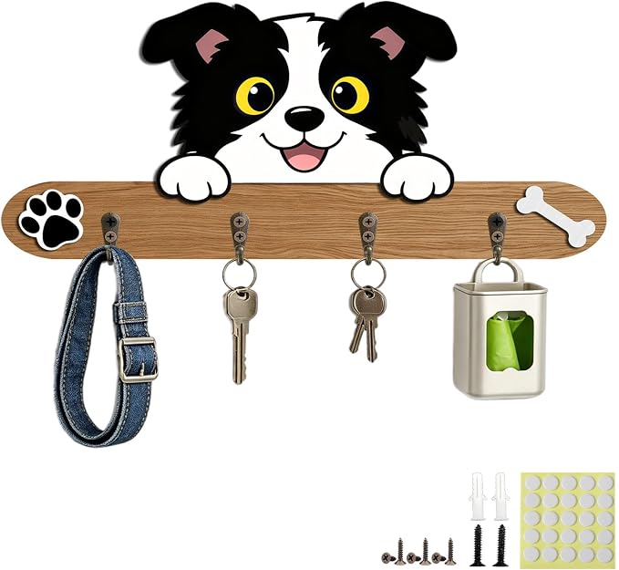 3D DIY Wooden Dog Leash Holder Wall Decoration, Cute Puppy Design Harness Wall Mount Hanger Organizer with 4 Hooks for Entryway Door Bathroom Kitchen Home Decor, Keys, Collars, Pet Lover Gift