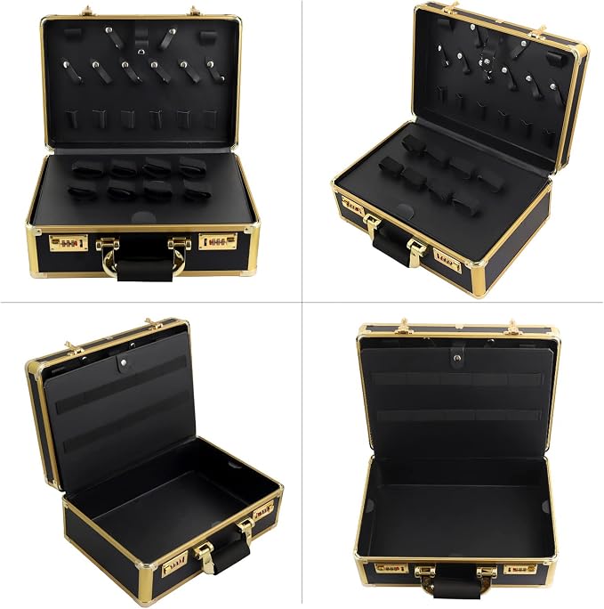 Barber Case Clipper Bag Gold, Hair Kit Tool Box Aluminum Organizer with Portable Handle and Secure Numlock for Scissors, Clippers, Barber Supplies 15.7" x 12" x 6.1"