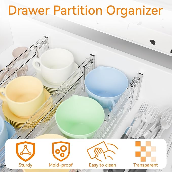 4 Pack 3.2 Inch Shallow Acrylic Drawer Dividers for Clothes -Expandable from 15-21''- Adjustable Drawer Dividers for Baby Clothing,Sock,Underwear,Clear in Drawer Separators for Dresser,Kitchen