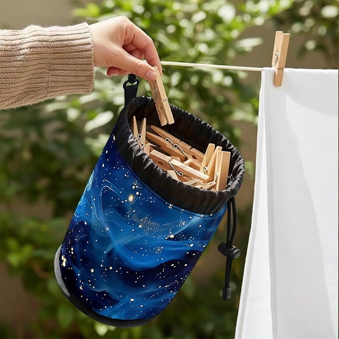 Clothespin Bag Holder Outside, Starry Sky Fluid Pattern Hanging Clothes Pin Bag with Drawstring Closure,Large-Capacity Clothespin Storage Organizer with Hooks