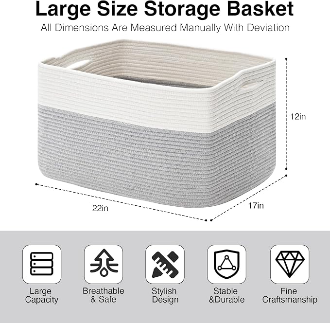 ICERZCZ Large Blanket Basket Living Room, Rectangle Storage Basket, Large Basket for Blankets, Woven Cotton Rope Baskets for Storage Toy Dirty Clothes, 22”x17”x12”, White & Grey, 75L