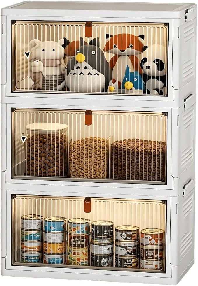 Foldable Stackable Pet Supplies Storage Bin with Wheels, Magnetic Door Collapsible Organizer Cabinet for Pet Toys, Food, Grooming Tools, Multi-Purpose Storage for Home, Bedroom, Laundry Room (white)