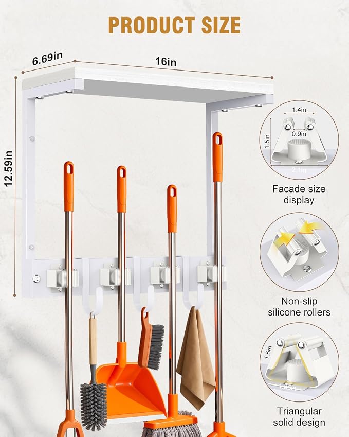 Supforce Small Broom Holder Wall Mount with Shelf, 4 Slots 3 Hooks | White, 2-In-1 Wall Mount Stores Brooms/Mops, Cleaning Supplies With 4 Grippers/3 Hooks And A Sturdy Wooden Top Shelf